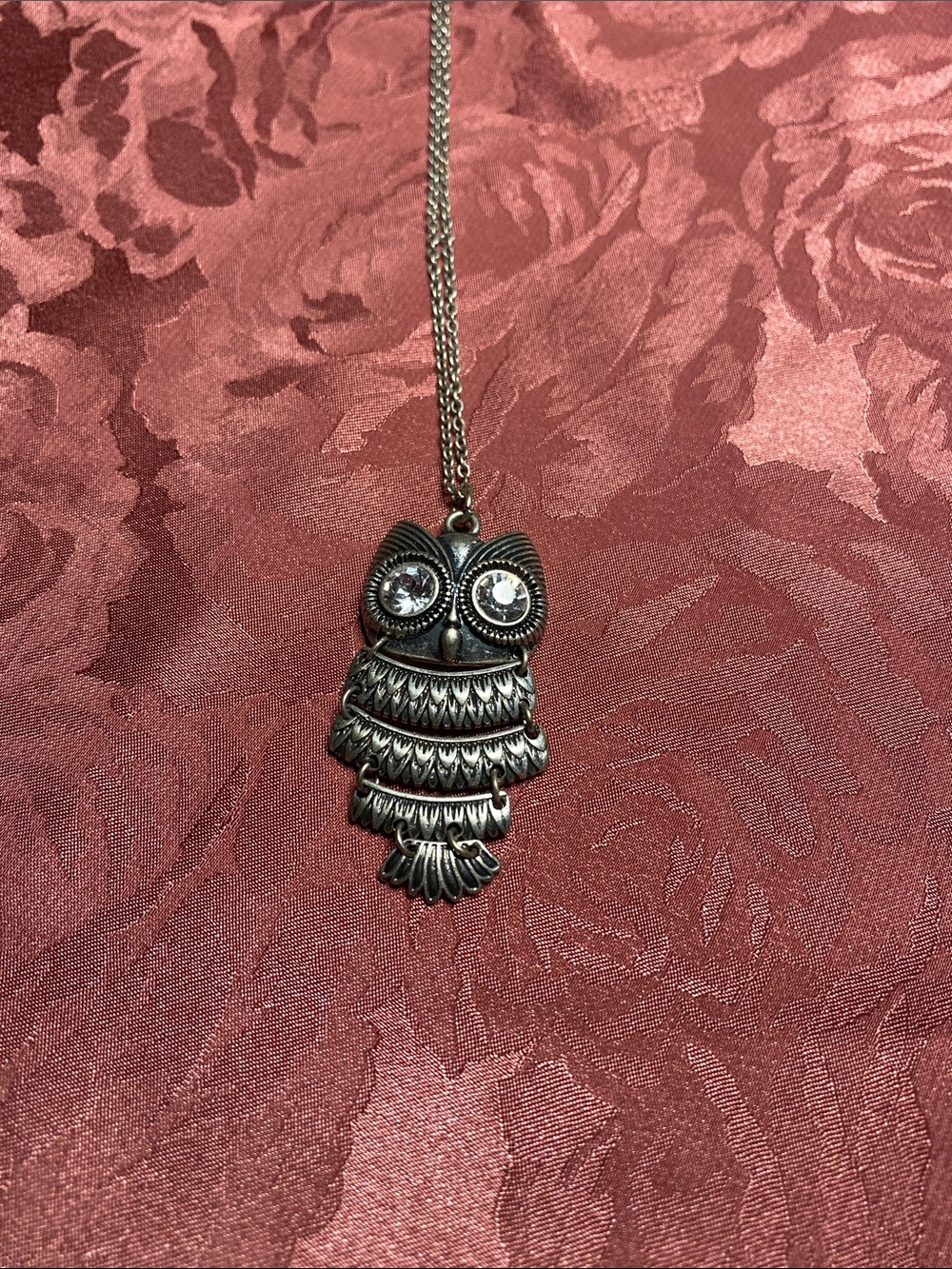 Vintage Articulated Silver-Tone Owl Pendant Necklace Rhinestone Eyes MCM BOHO